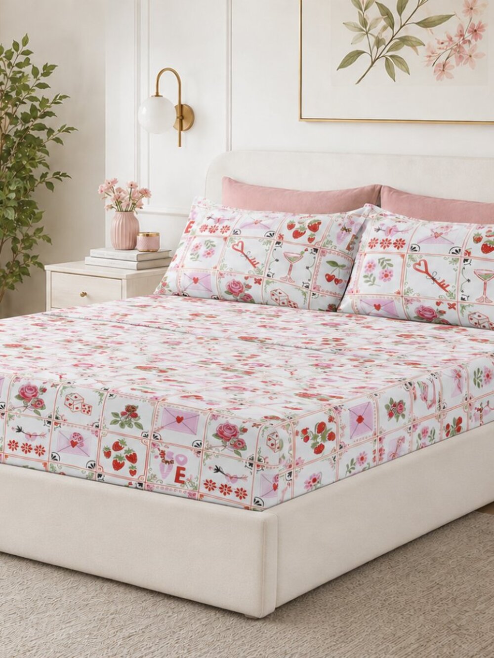 NWT - Envogue Queen Sheet Set with Storage Bag - Fruit Stamp Print - Red & Pink